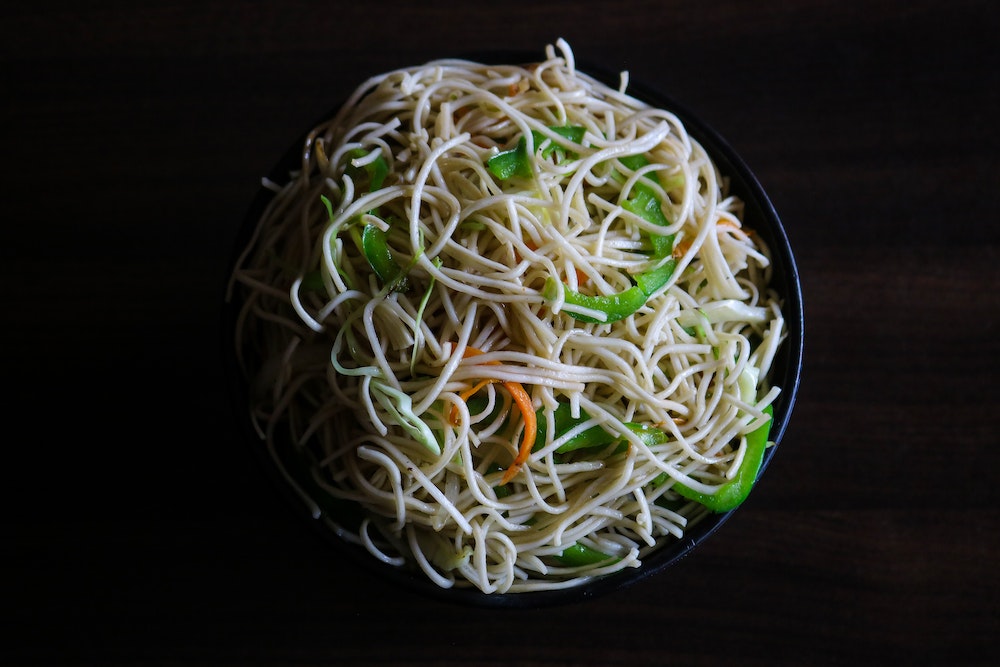 Closed composition of noodles in bowl