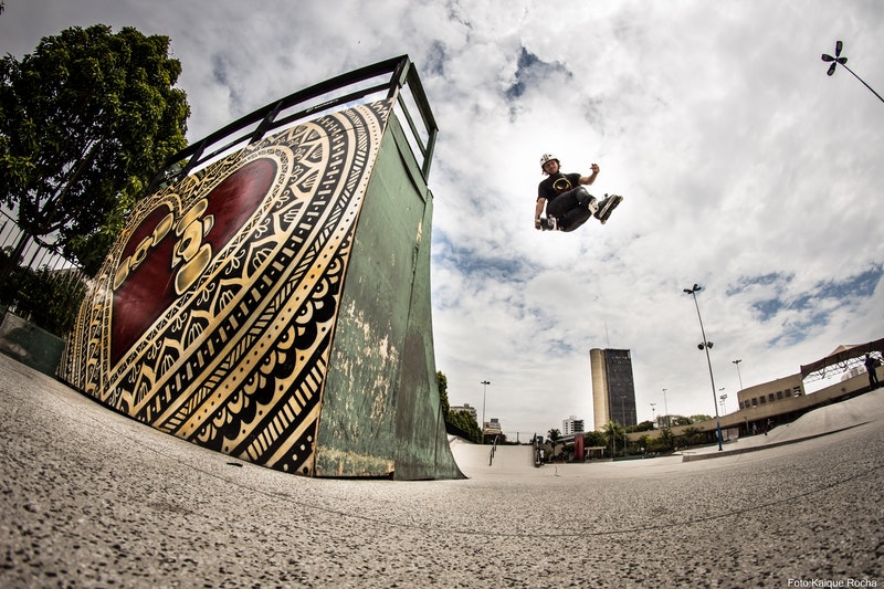 Skater in city, taken with fisheye lens